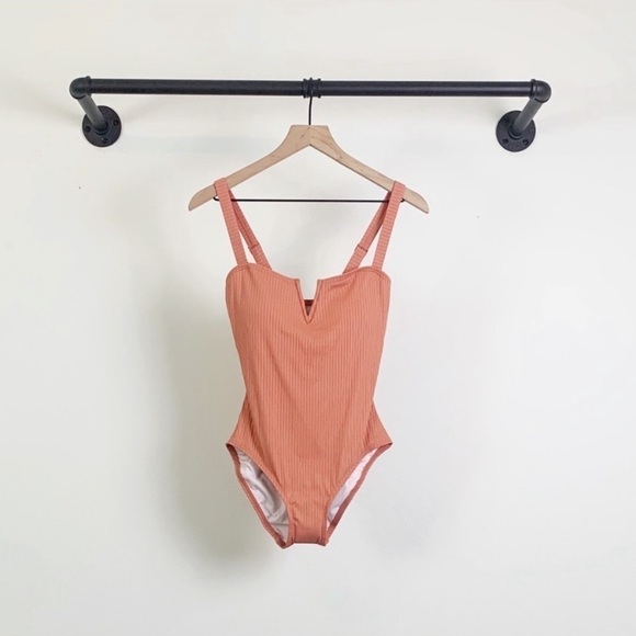 NWT Loft Beach Ribbed V-Bar One Piece Swimsuit In Pink - Picture 2 of 4